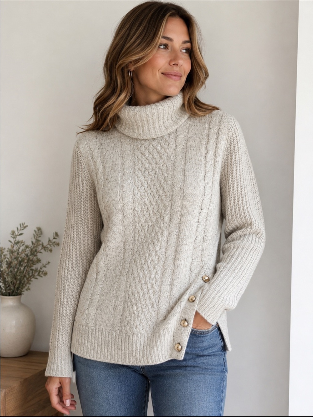 Liz Claiborne Cream Cable Knit Turtleneck Sweater with Side Buttons